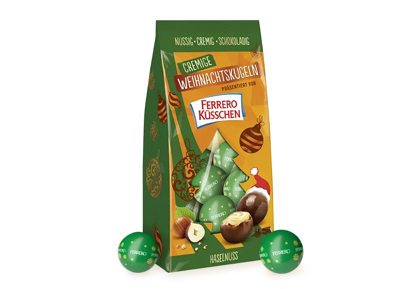 Cremige Weihnachtskugeln präsentiert von Ferrero Küsschen Haselnuss 100g